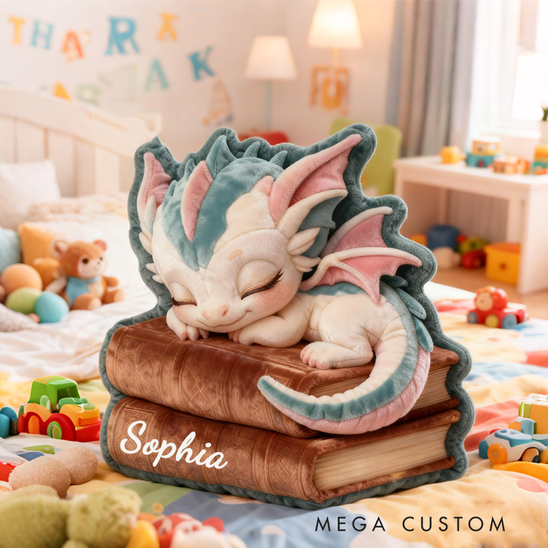 Personalized Sleeping Dragon and Book Throw Pillow Dragon Fantasy Bookish Pillow with Name for Kids Boy Girl Gift for Reading Lover Pillow