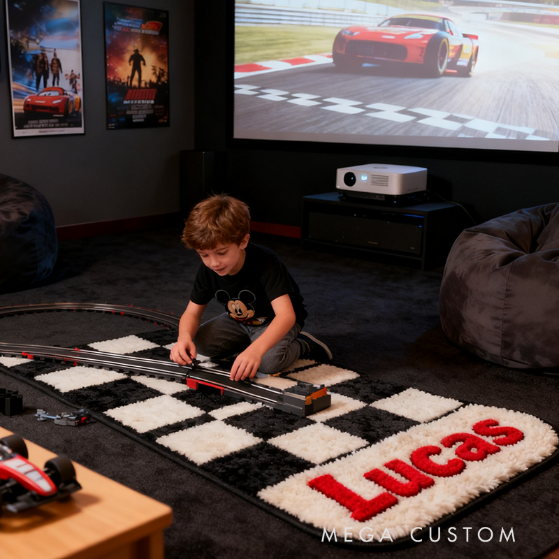 Personalized Racing Checkered Flag Rug Custom Name Black and White Carpet for Racers Room or Racing Fans