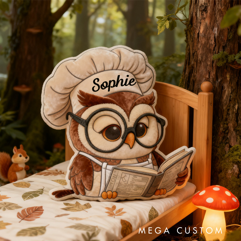 Personalized Reading Owl Throw Pillow Baking Owl Pillow Fantasy Bookish Pillow with Name for Kids Boy Girl Gift for Reading Lover Pillow