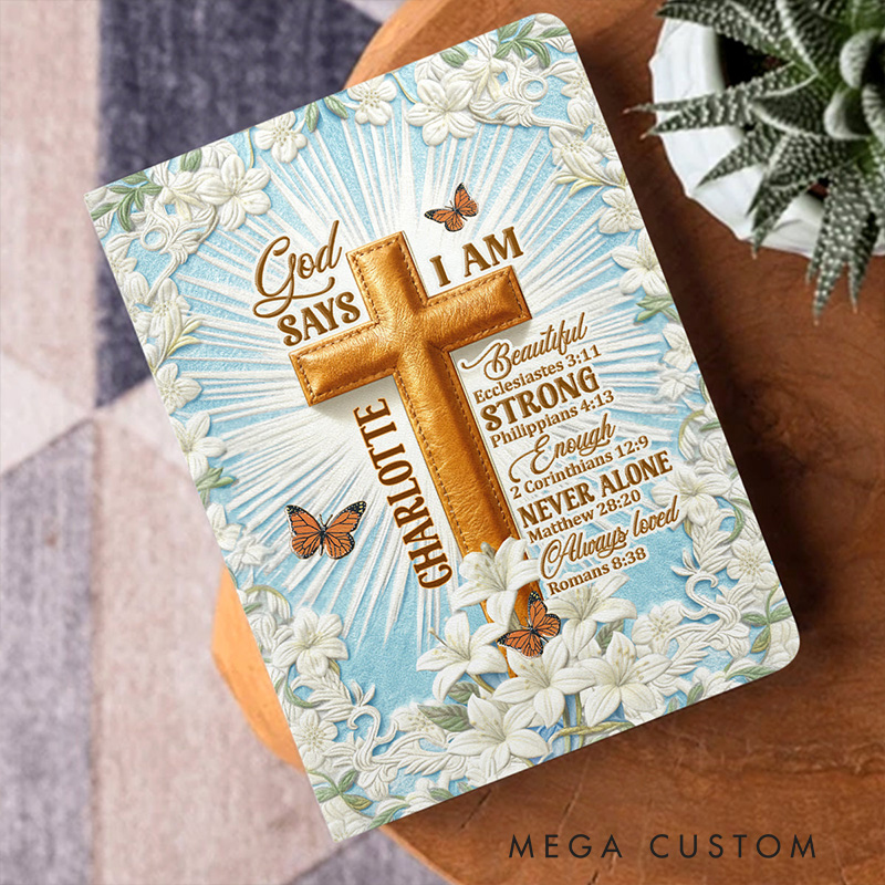 Personalized Floral God Says i am Leather Cover Notebook with Name Bible Study Notes Religious Gift for Christians Birthday Gift for Women