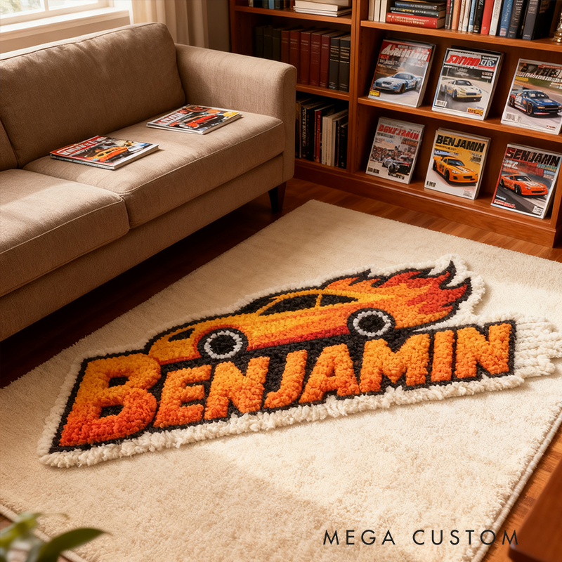 Personalized Racing Flame Shaped Rug Custom Text Sports Car Carpet for Racers and Motorsport Families