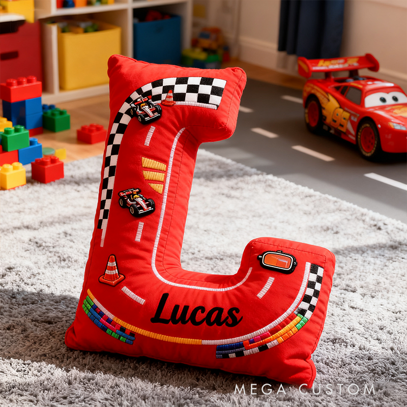 Personalized Racing Letter Pillow Custom Name 3D Graphic Print Race Track Alphabet Cushion for Racers and Motorsport Fans