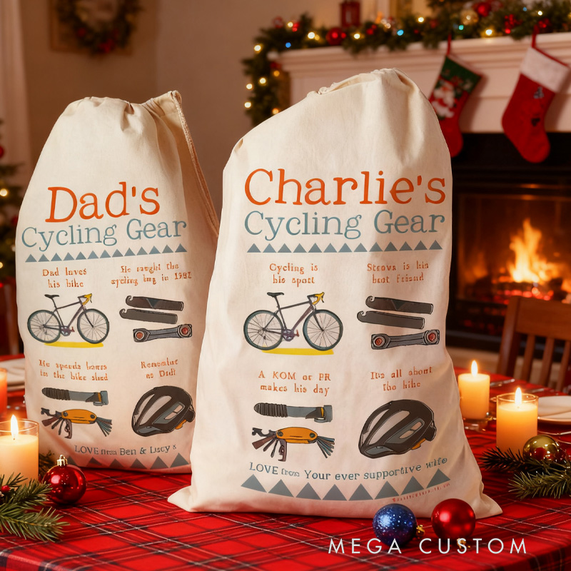Personalized Merry Christmas Sack Family Christmas Gift Wrap Bag Cycling Storage Sack Mountain Bike Gift Cotton Cycling Kit Sports Bag Gift for Cyclist Bicycle Biker Riding Lovers