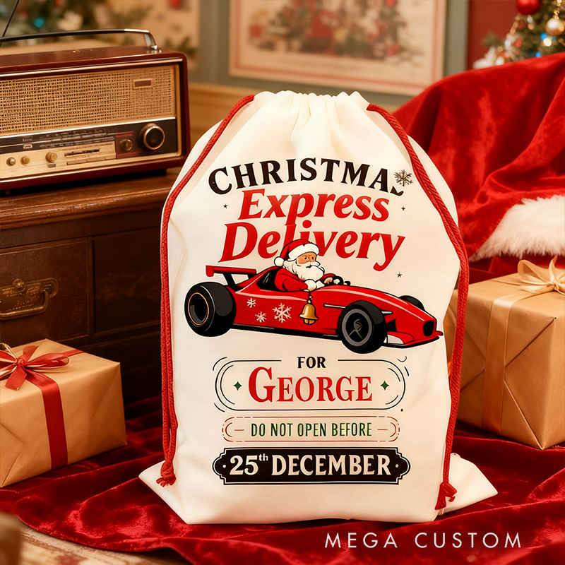 Personalized Christmas Sack Santa Driving Racing Car Custom Name Gift Bag for Racers and Race Lovers