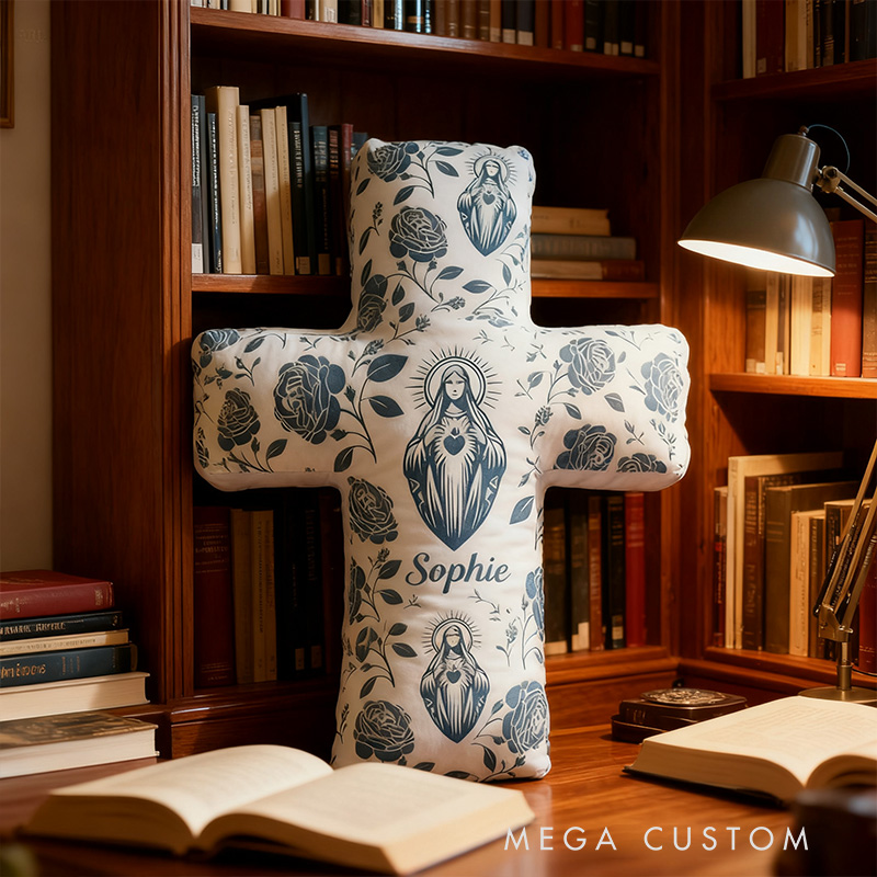 Personalized Virgin Mary Cross Pillow with Custom Name Home Decor Faith Pillow Religious Gift Catholic Gift for Women