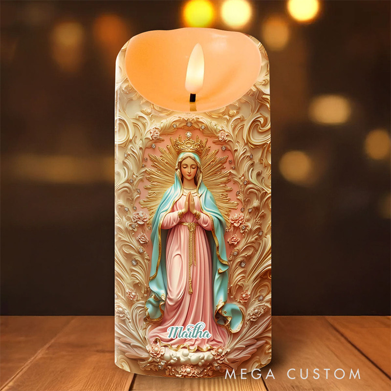 Personalized Golden Grace Virgin Mary LED Candle with Name Religious Gift Home Decor Catholic Gift for Women 