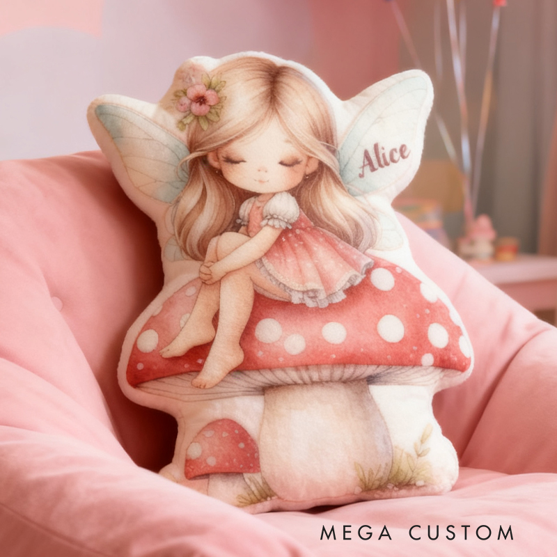 Personalized Fairy Girl Custom Name Soft Decorative Gift Magical Fantasy Style Cozy Nursery Sweet Mushroom Dream Lovely Wings Enchanted Forest Graphic 3D Print Pillow
