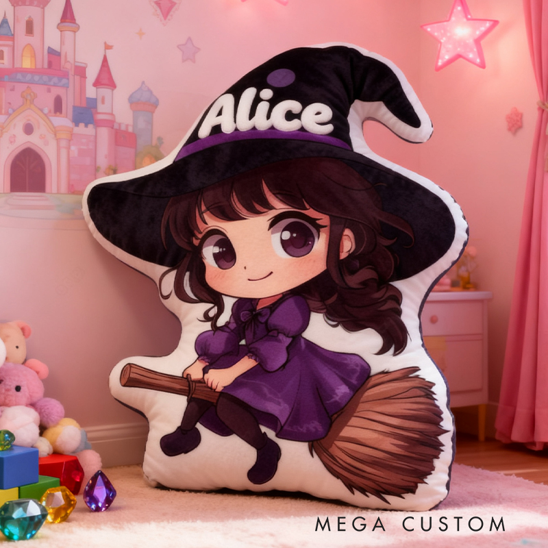 Personalized Graphic 3D Print Magic Witch Pillow with Your Name Soft Stuffed Toy for Kids Unique Decorative Cushion for Girls' Room
