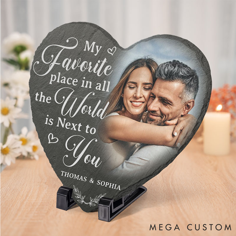 Personalized Couple Photo My Favorite Place In All The World Is Next To You Heart Shaped Stone With Stand First Christmas Gift Valentine's Day Gift