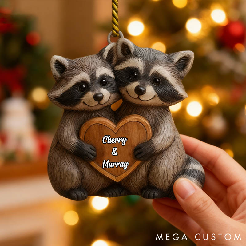 Personalized Couple Racoon 2D Flat Printed Acrylic Christmas Ornament Custom Newlywed Name Xmas Tree Ornament Our First Christmas Gift for Him Her