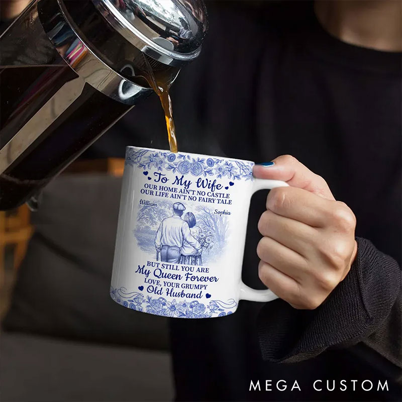 Personalized Old Couple Our Home Ain't No Castle Mug Custom Names Mug White Edge-to-Edge Mug Anniversary Gift for Wife for Her