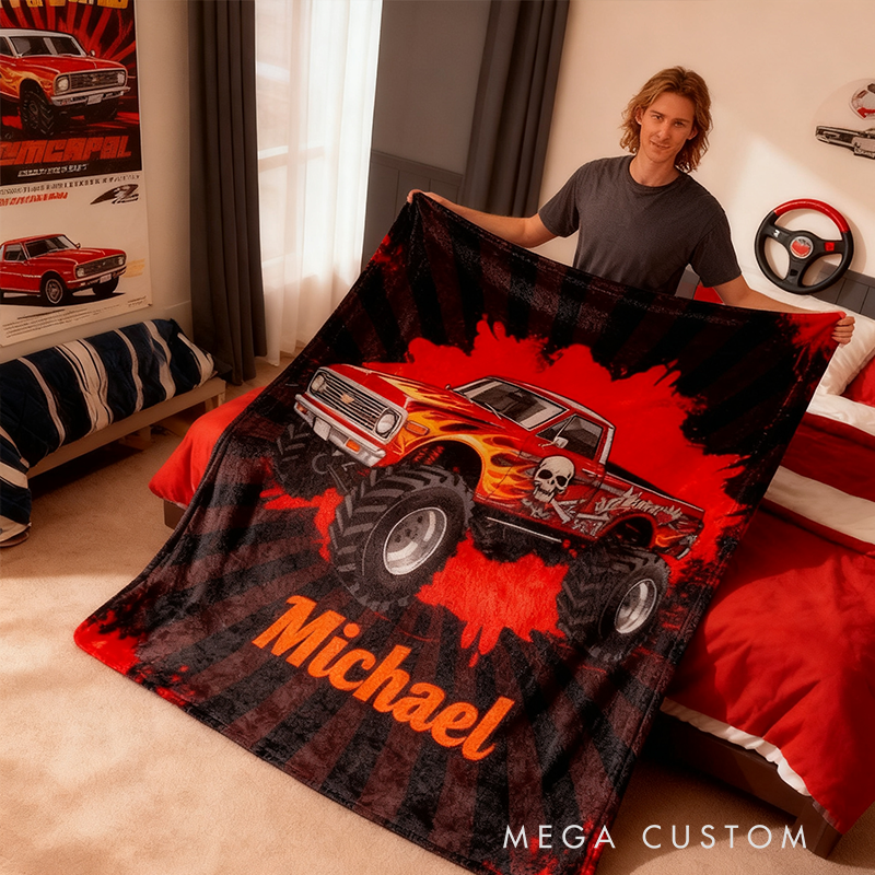 Personalized Monster Truck Blanket Custom Name Off Road Racing Throw Blanket for Racers and Racing Lovers