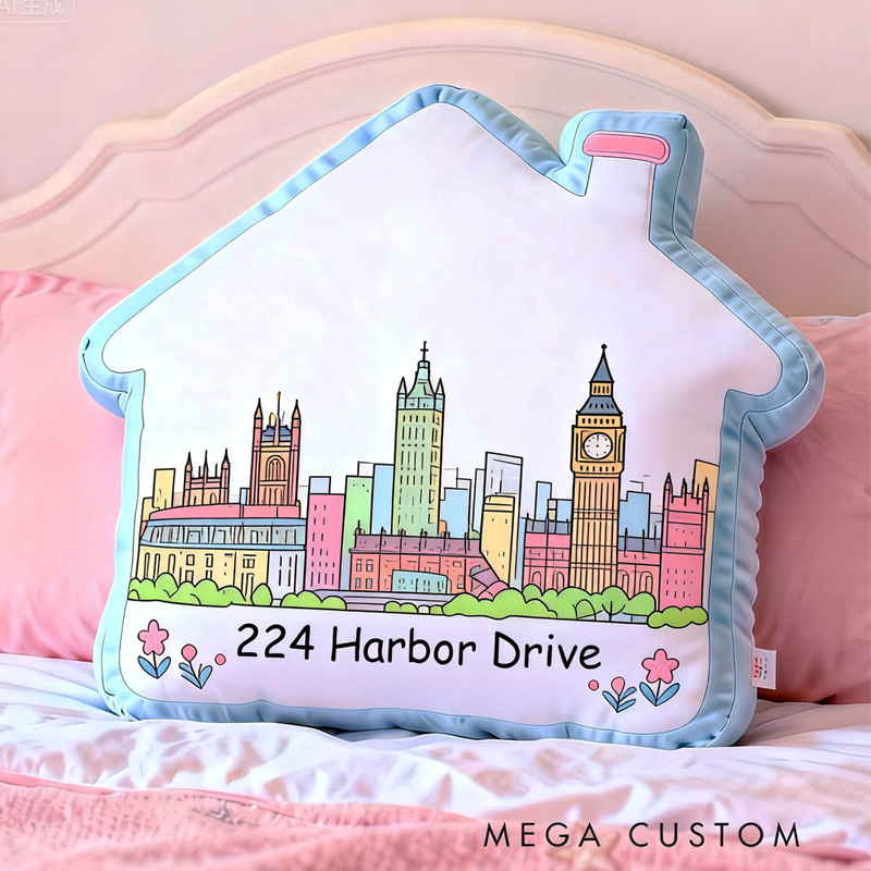 Personalized City Skyline Pillow House-Shaped Custom Address Bedroom Living Room Gift Decor Modern Skyline Holiday Keepsake