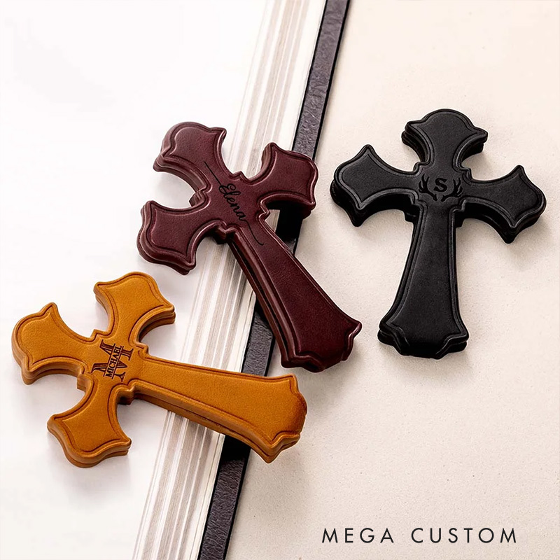 Personalized Cross Monogram Magnetic PU Leather Bookmark Clip with Engraved Name Religious Gift for Christians
