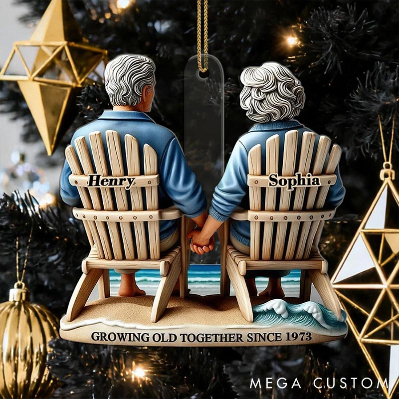 Personalized Growing Old Together Couple Ornament 2D Flag Watching Sea Waves Chrismas Decoration Gift for Husband Wife Gift for Couple