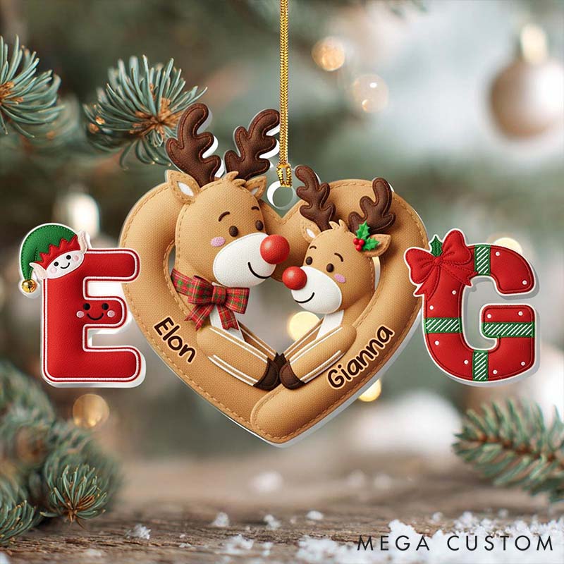 Personalized Couple Faux Fabric Reindeer 2D Flat Printed Acrylic Christmas Ornament Custom Newlywed Name Heart Xmas Ornament Our First Christmas Gift