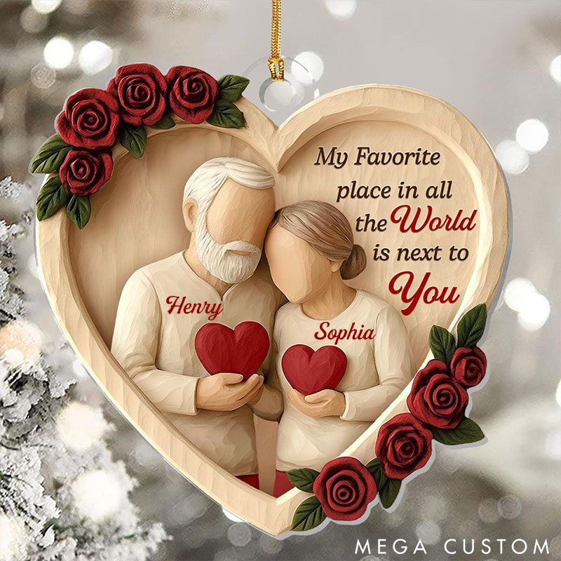 Personalized Old Couple Christmas Ornament 2D Flat Anniversary Ornament Rustic Wooden Heart Keepsake My Favorite Place is Next to You Decor