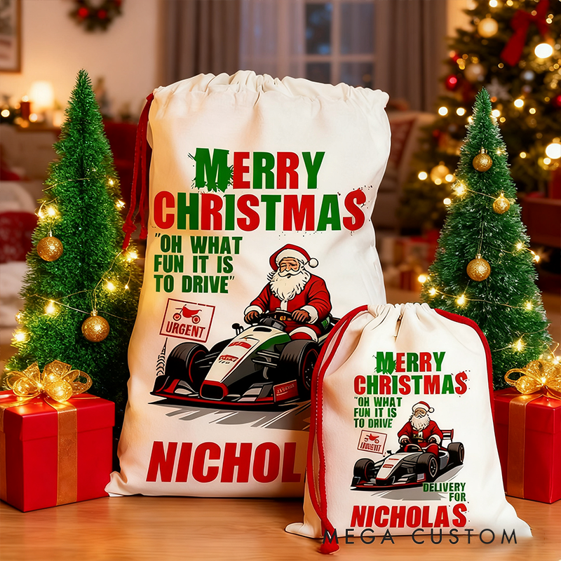Personalized Racing Santa Christmas Gift Bag Custom Name Santa Sack Holiday Decoration for Racers and Racing Lovers