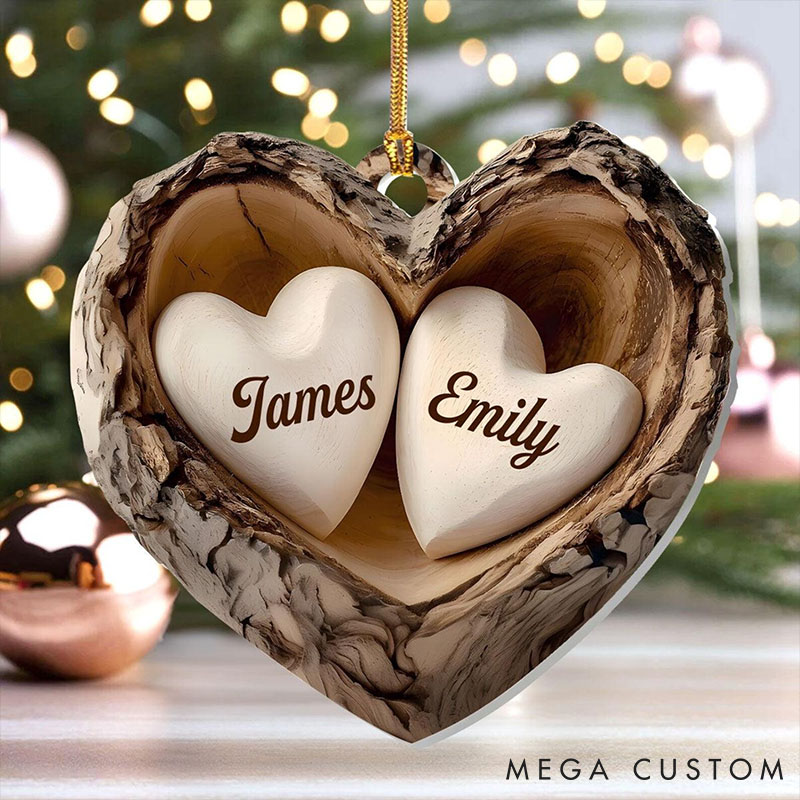 Personalized Rustic Couple Heart Ornament Custom 5 Years Anniversary Gift Ornament 2D Flat Acrylic Two Hearts Christmas Keepsake for Couple 
