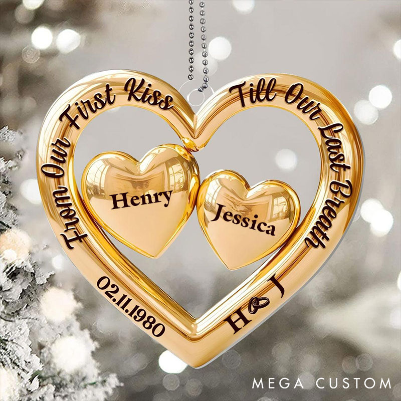 Personalized Couple Heart Ornament Custom Xmas Golden Heart Keepsake Couple Anniversary Heart Ornament 2D Flat Ornament for Husband Wife