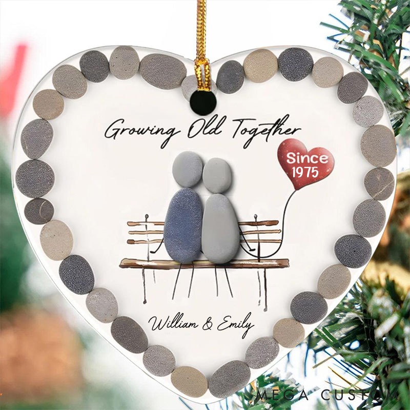 Personalized Growing Old Together Heart Ornament Couple Pebble Art Keepsake 2D Flat Anniversary Gift for Husband Wife Couple Christmas Gift