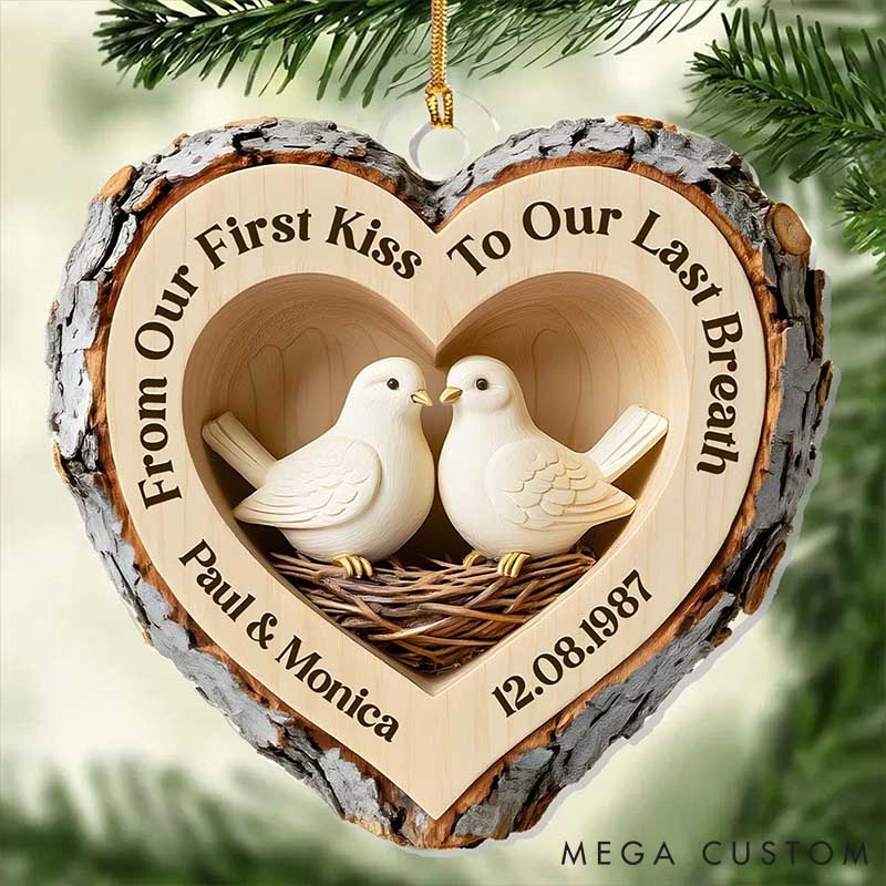Personalized Couple Faux Wood Love Birds Acrylic Christmas Ornament 2D Flat Printed First Kiss To Last Breath Ornament Anniversary Christmas Gift