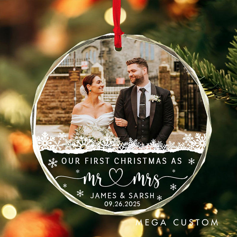 Personalized Couple Wedding Photo Glass Ornament Custom First Christmas Married Glass Ornament Our First Christmas Gift Engagement Gift for Newlyweds