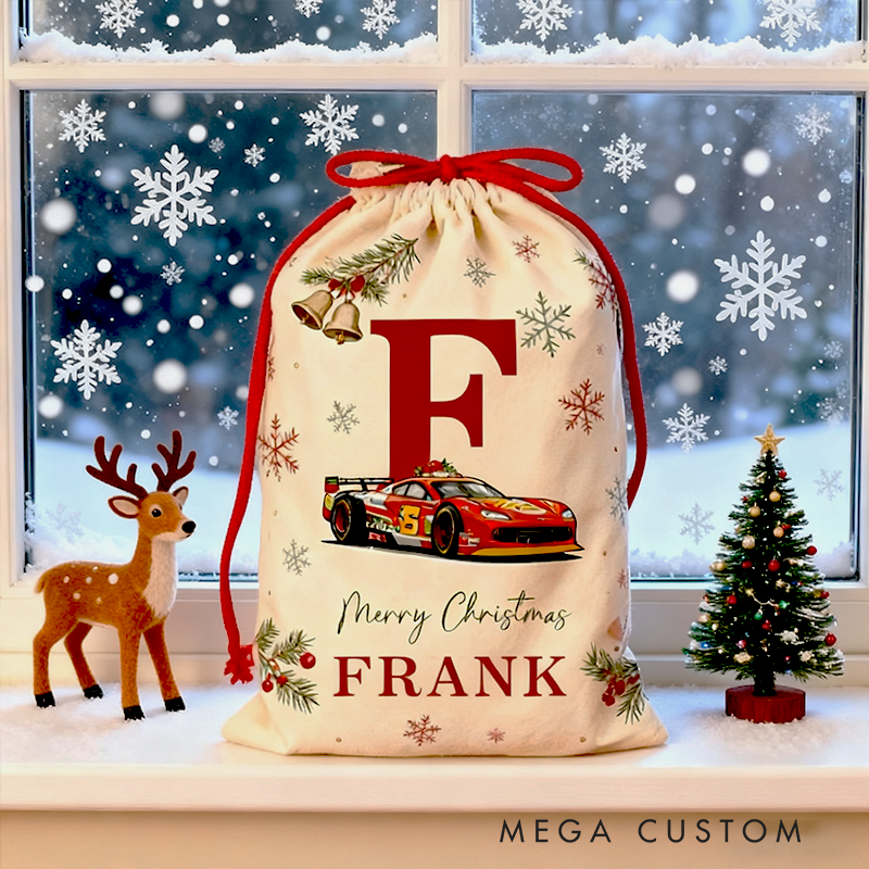 Personalized Initial and Name Racing Car Christmas Sack Custom Gift Bag for Vehicle Lovers and Holiday Decor