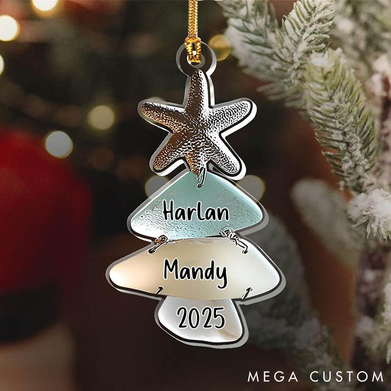 Personalized Couple Sea Glass Tree Acrylic Christmas Ornament Custom Beach Christmas Keepsake 2D Flat Printed Ornament Starfish Christmas Gift