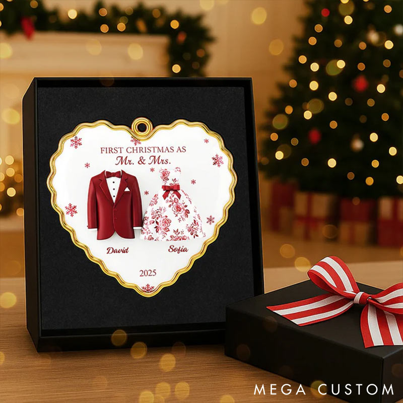 Personalized Frist Christmas As Mr Mrs Couple Ornament 2D Flag Heart Shaped Ornament Chrismas Decoration Gift for Newlyweds Gift for Couple