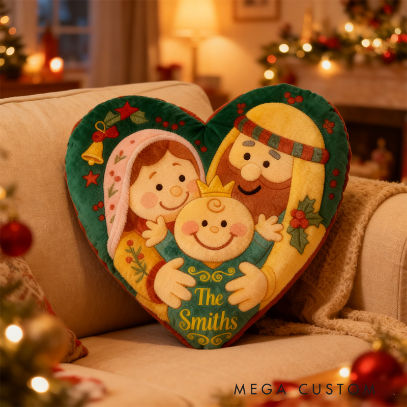 Personalized Nativity Scene Heart Pillow with Family Name Home Decor Graphic 3D Print Pillow Religious Gift for Christians