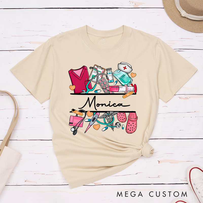 Personalized Nurse T-Shirts Nurse's Essentials Tools of Care Fashion Design T-Shirts