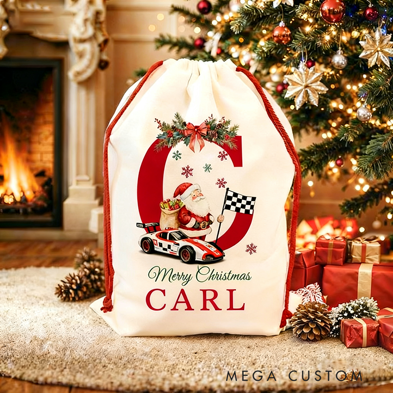 Personalized Racing Car Christmas Sack Custom Initial and Name Gift Bag for Racing Car Lovers and Holiday Celebration