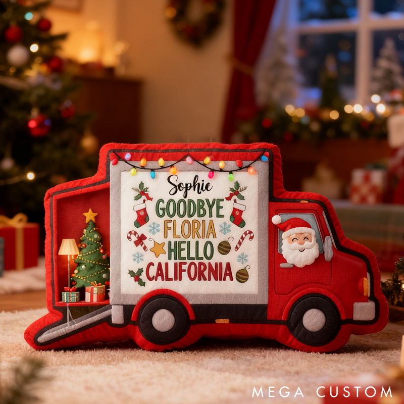 Personalized Moving Truck Pillow Custom Holiday Decoration with Names and Locations Keepsake for New Beginnings and Home Decor Christmas Gifts