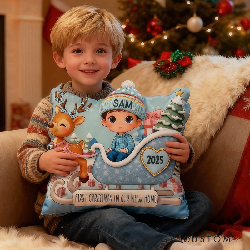 Personalized First Christmas Pillow Custom Name Sleigh Design Holiday Decoration for Boys Christmas Gifts