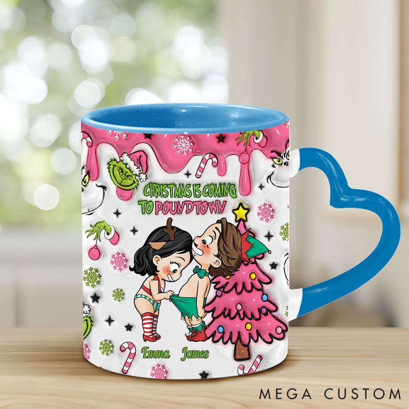 Personalized Couple Christmas Is Coming Ceramic Mug Custom Cute Couple Sex Heart Handle Mug Christmas Gift for Him Her Boyfriend Girlfriend