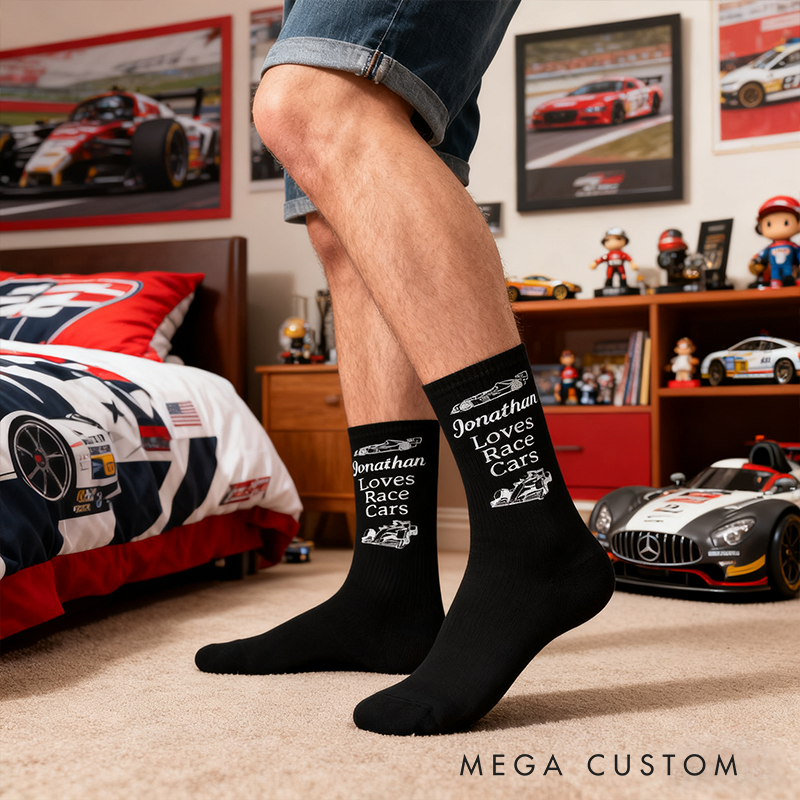 Personalized Race Car Socks Custom Name Socks for Drivers Car Lovers and Racing Fans