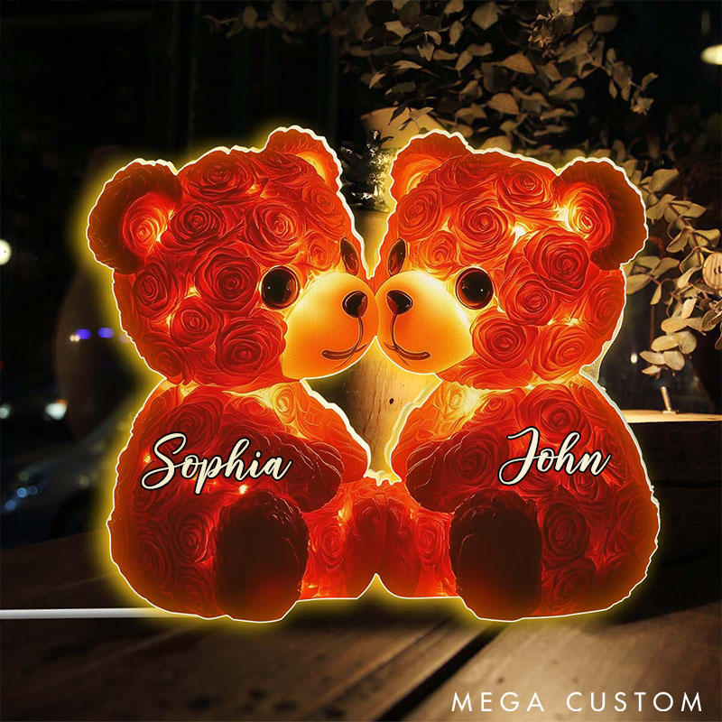 Personalized Cute Red Roses Bear Couple Shaped Light Box Couple Holiday Date Night Light Valentine's Day Gift for Couple