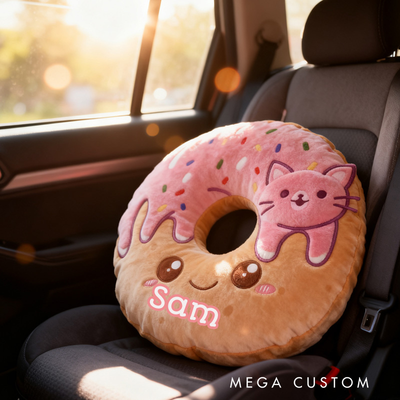 Personalized Pink Donut Throw Pillow Graphic 3D Print Donut and Cat Pillow with Name for Kids Grilfriend Baker Gift 