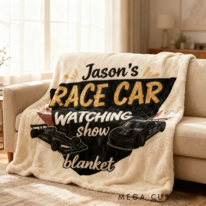 Personalized Race Car Watching Blanket Custom Name Soft Cozy Fleece Throw for Racing Fans and Car Lovers