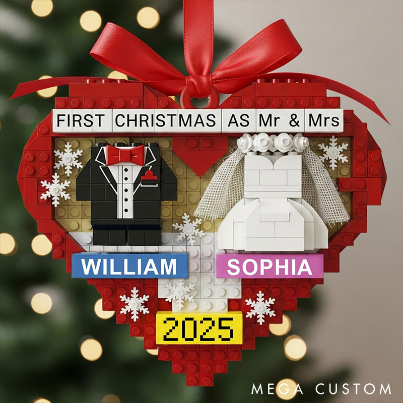Personalized Frist Christmas As Mr Mrs Couple Ornament 2D Flag Brick-style Heart Shaped Chrismas Decoration Gift for Newlyweds Gift for Wife Husband