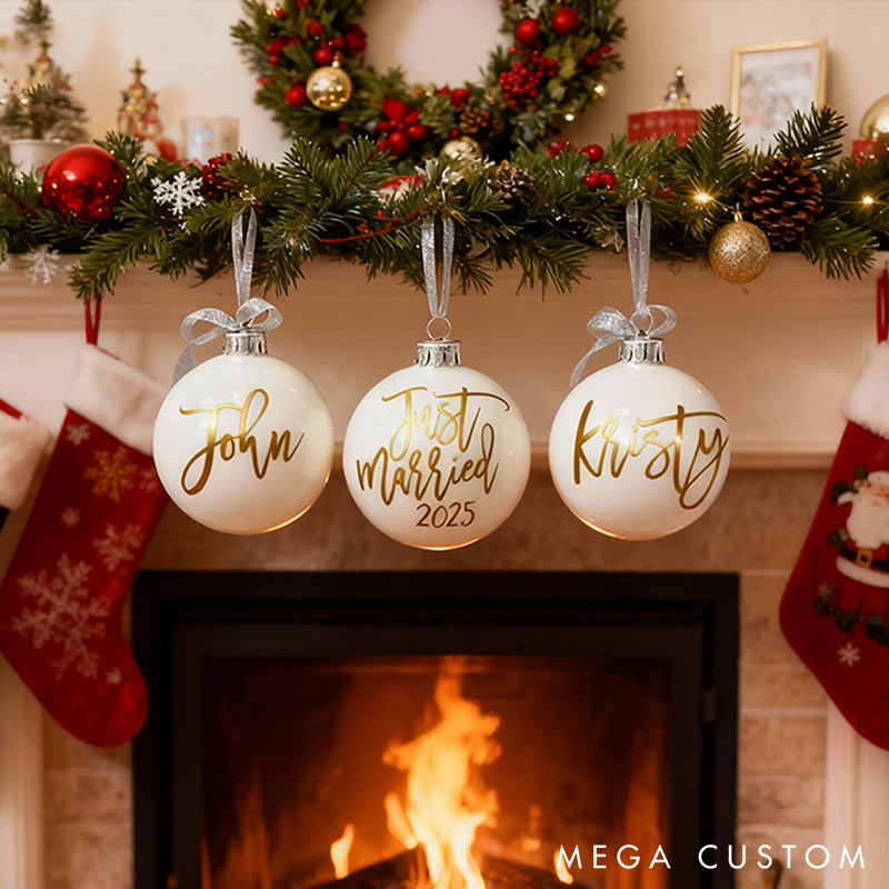 Personalized Just Married Matching Christmas Ball Ornament Our First Christmas Ornament Set For Newlywed Couple Wedding Ornament Keepsake