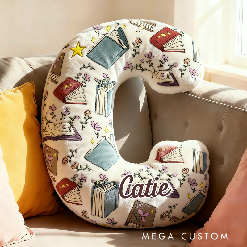 Personalized Floral Book Alphabet Throw Pillow Bookworm Letter Pillow with Name Bookish Initial Kids Pillow Gift for Book Lover