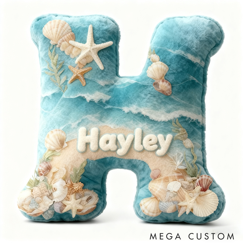 Personalized Seaglass Style Initial Pillow Custom Ocean Style Letter Pillow 3D Graphic Print Home Decor Throw Pillow for Girl Friend Beach Keepsake Pillow