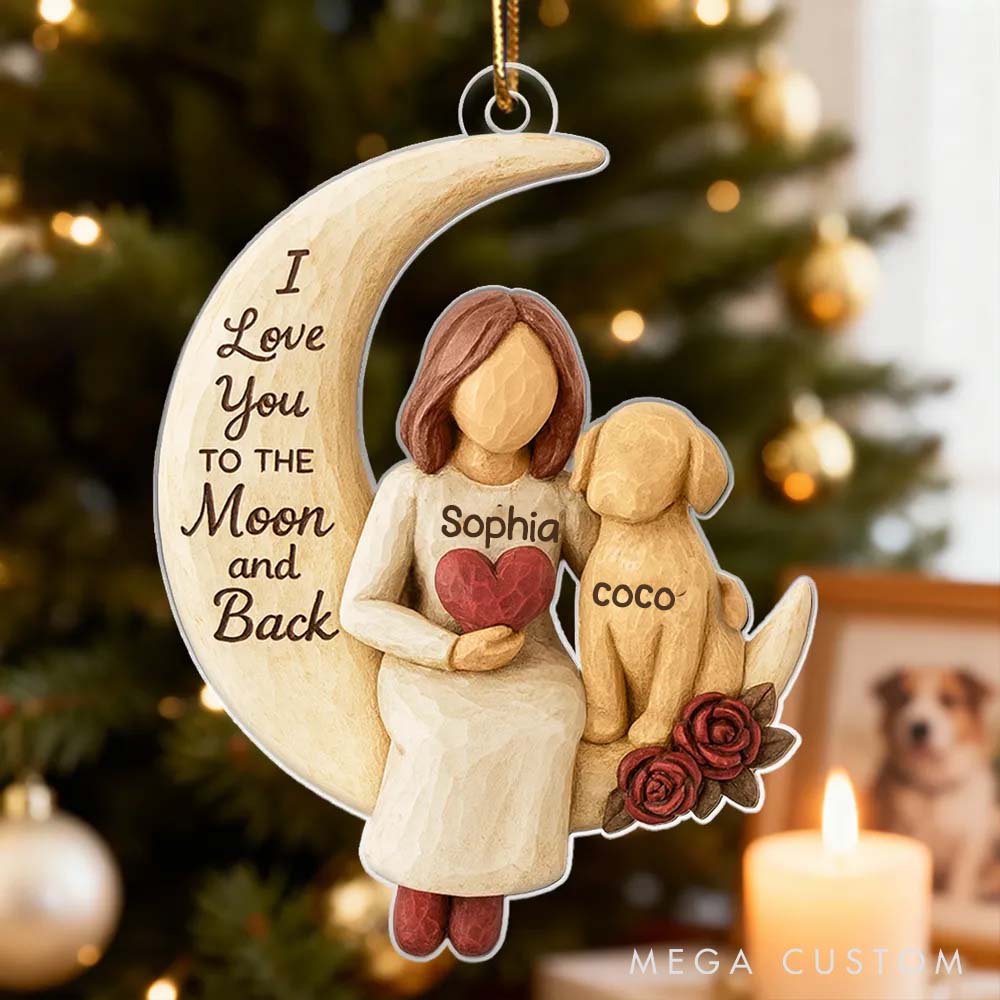 Personalized Dog Lover Woman and Dog Love to the Moon Ornament