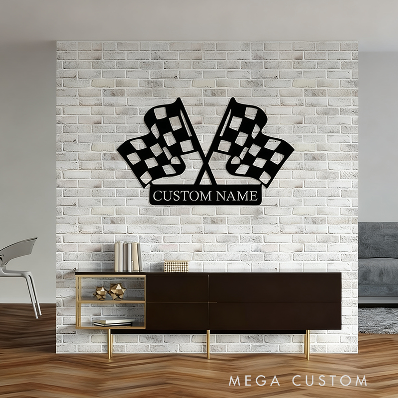 Personalized Checkered Flag Racing Metal Sign Custom Name Wall Art for Racers and Racing Lovers