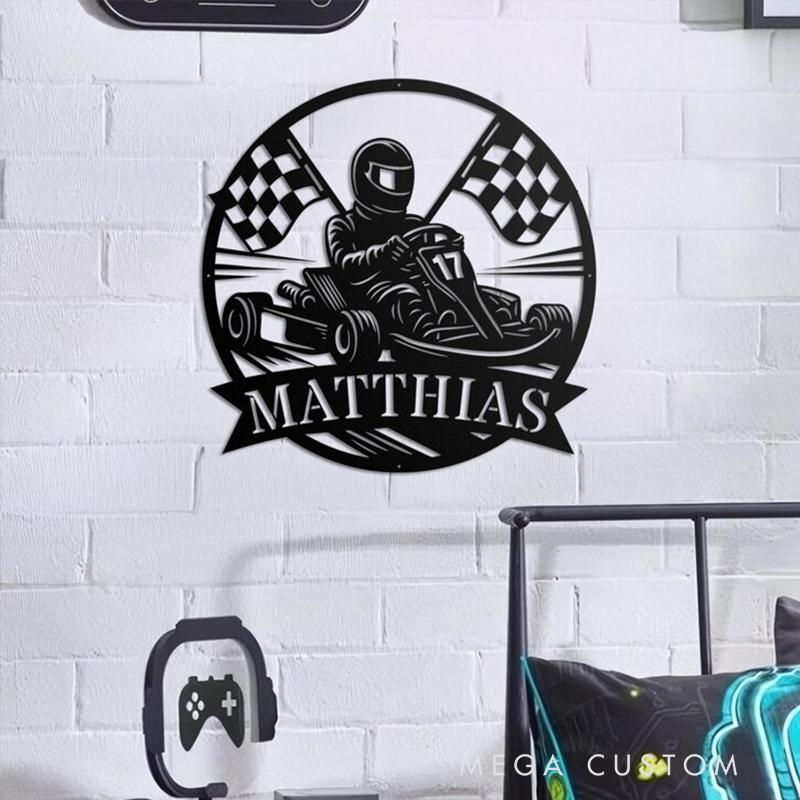 Personalized Go Kart Racing Metal Sign Custom Name Illuminated Wall Art Gift for Drivers and Racing Fans