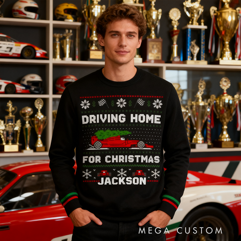 Personalized Racing Christmas Sweater Custom Name Holiday Jumper Gift for Car Lovers and Motorsports Fans