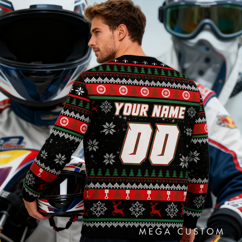 Personalized Dirt Bike Christmas Sweater Custom Name and Number Motocross Ugly Holiday Jumper Gift for Racing Lovers and Riders