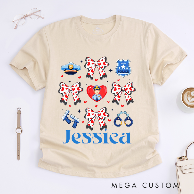 Personalized Police Themed Bow and Badge Design Gift for Wife Policewoman Police Officer T-Shirt